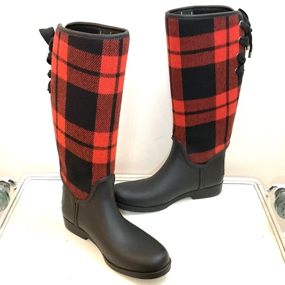 Coach Tristee Back Lace Up Fleece Lined Buffalo Plaid Rain Rubber Boots Size 10B - Picture 9 of 16